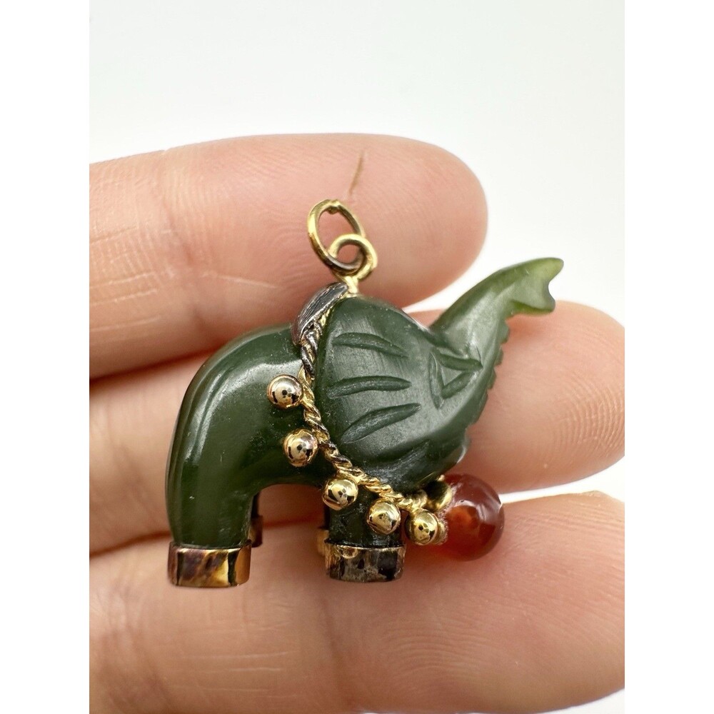 Vintage Nephrite Jade Carnelian Charm Pendant Carved Elephant